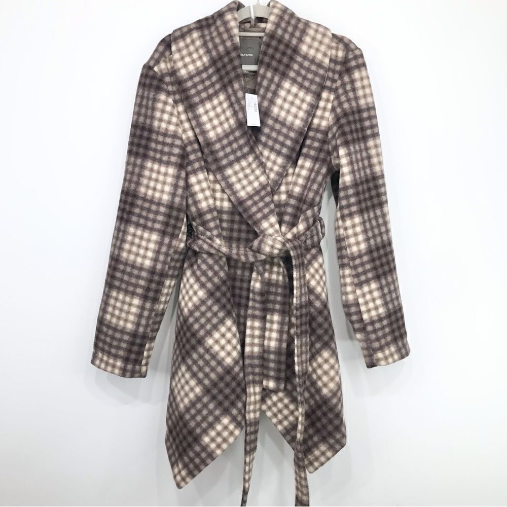 Maurices Brown Cream Plaid Drape Wrap Coat NEW
